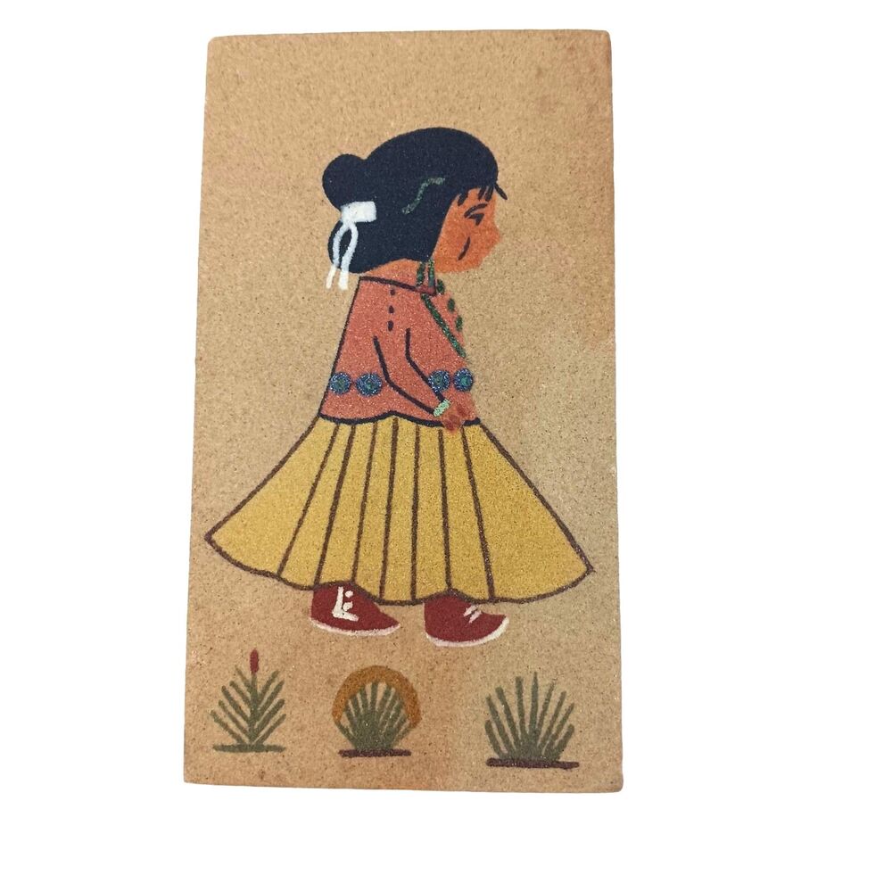 Vintage American Indian Navajo Sand Painting Boy in Traditional Clothes 9x5"